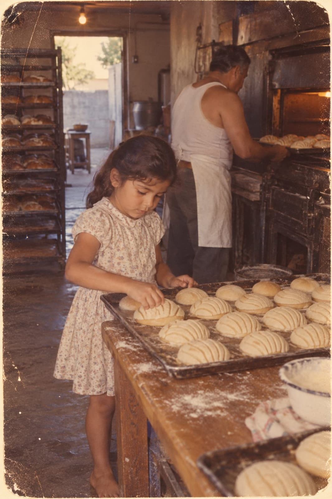 Maria as a young girl pressing the tops of conchas while her father works at the oven