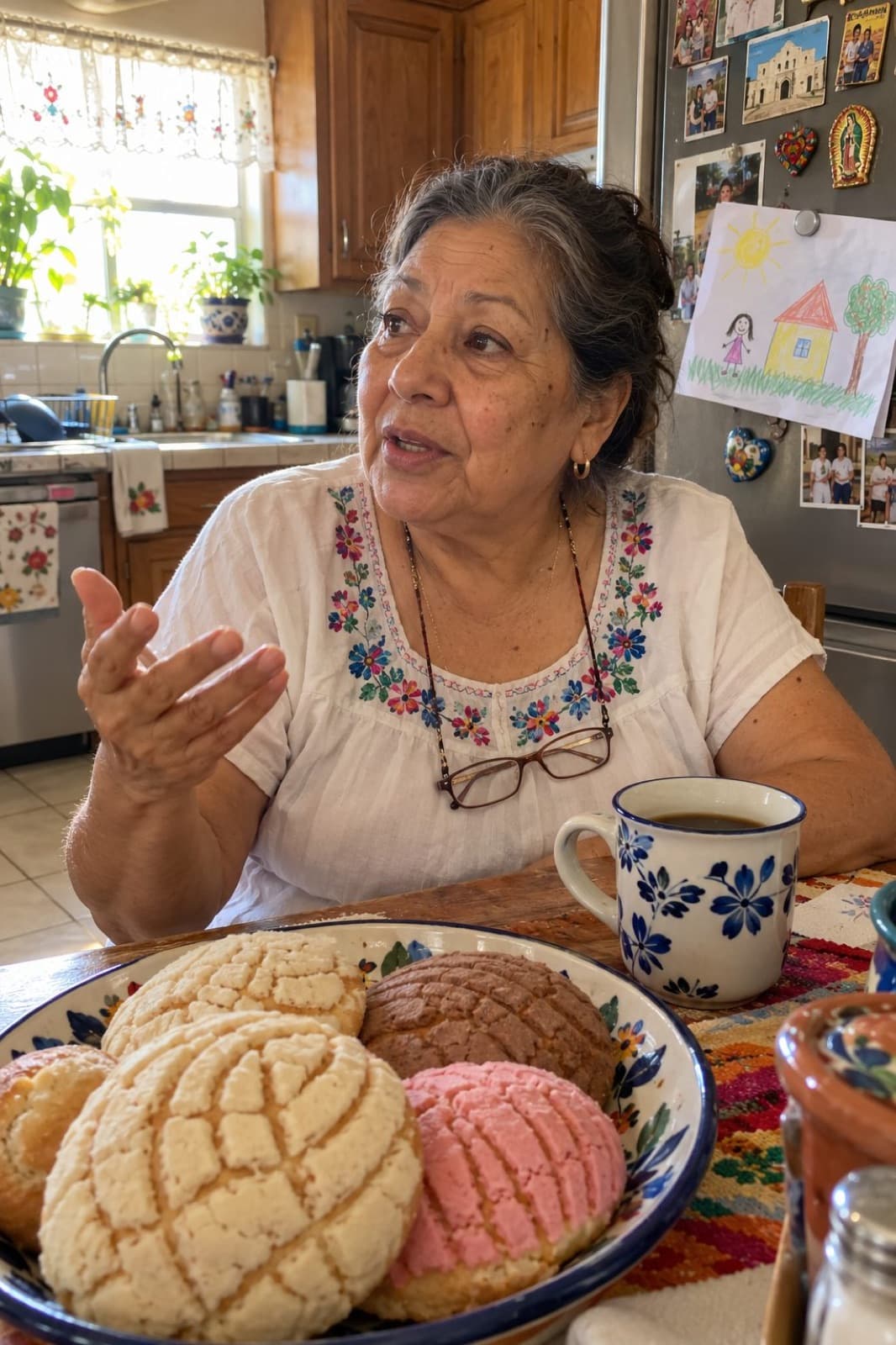 Maria at her kitchen table with a plate of conchas