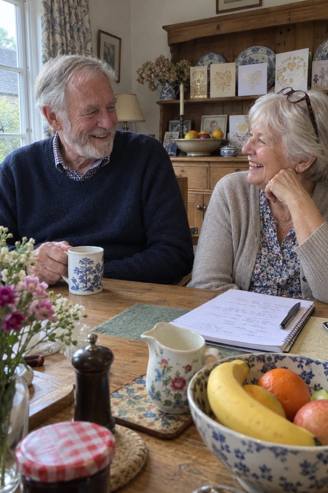 Richard and Anne laughing together at their dining table