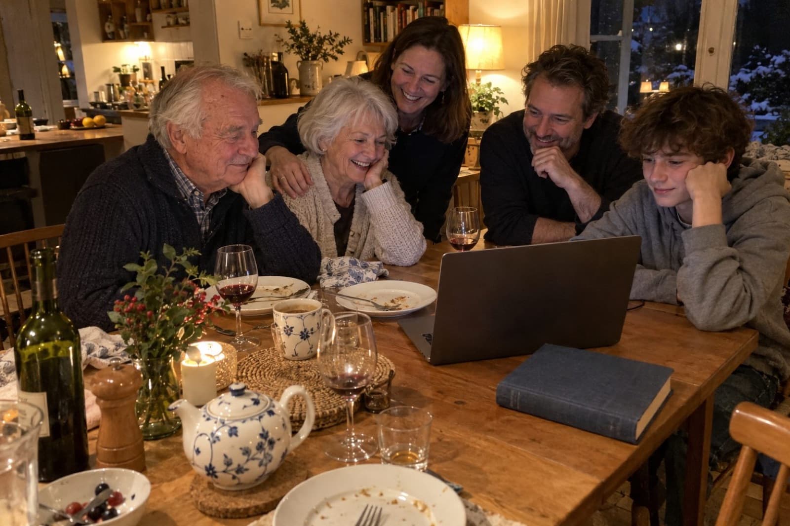 Three generations of a family around a kitchen table in the evening, a laptop and a hardback book on the table
