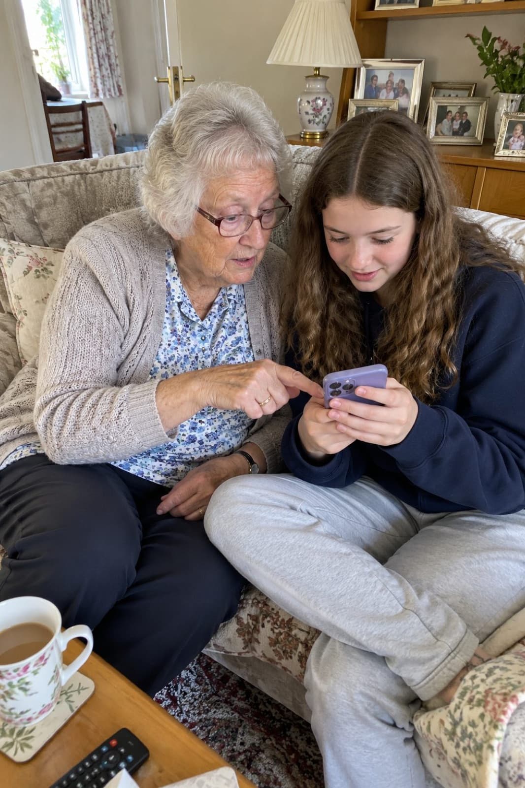A grandmother and her granddaughter looking at a phone together on the sofa