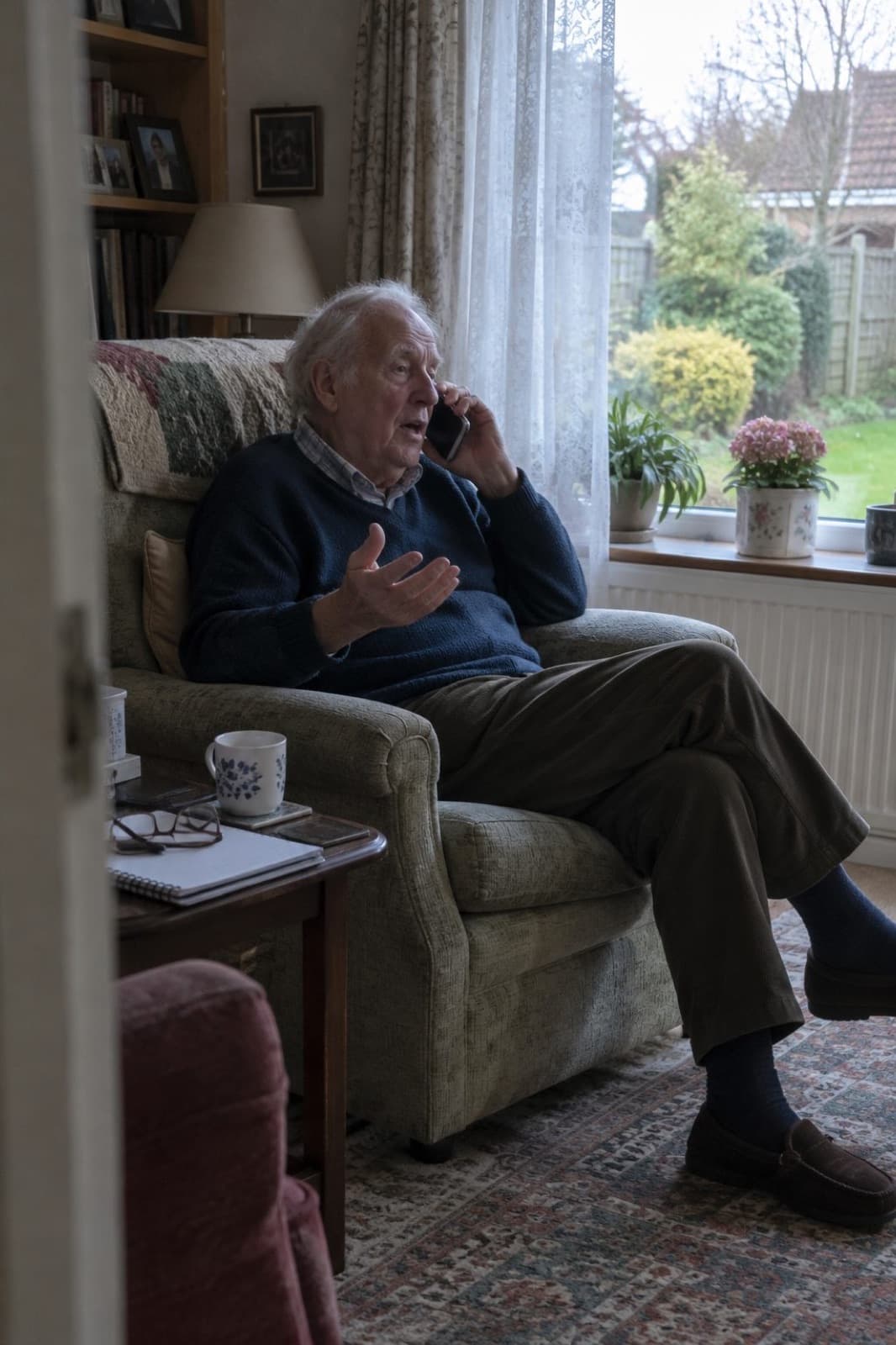 A man talking on the phone in his armchair by a window