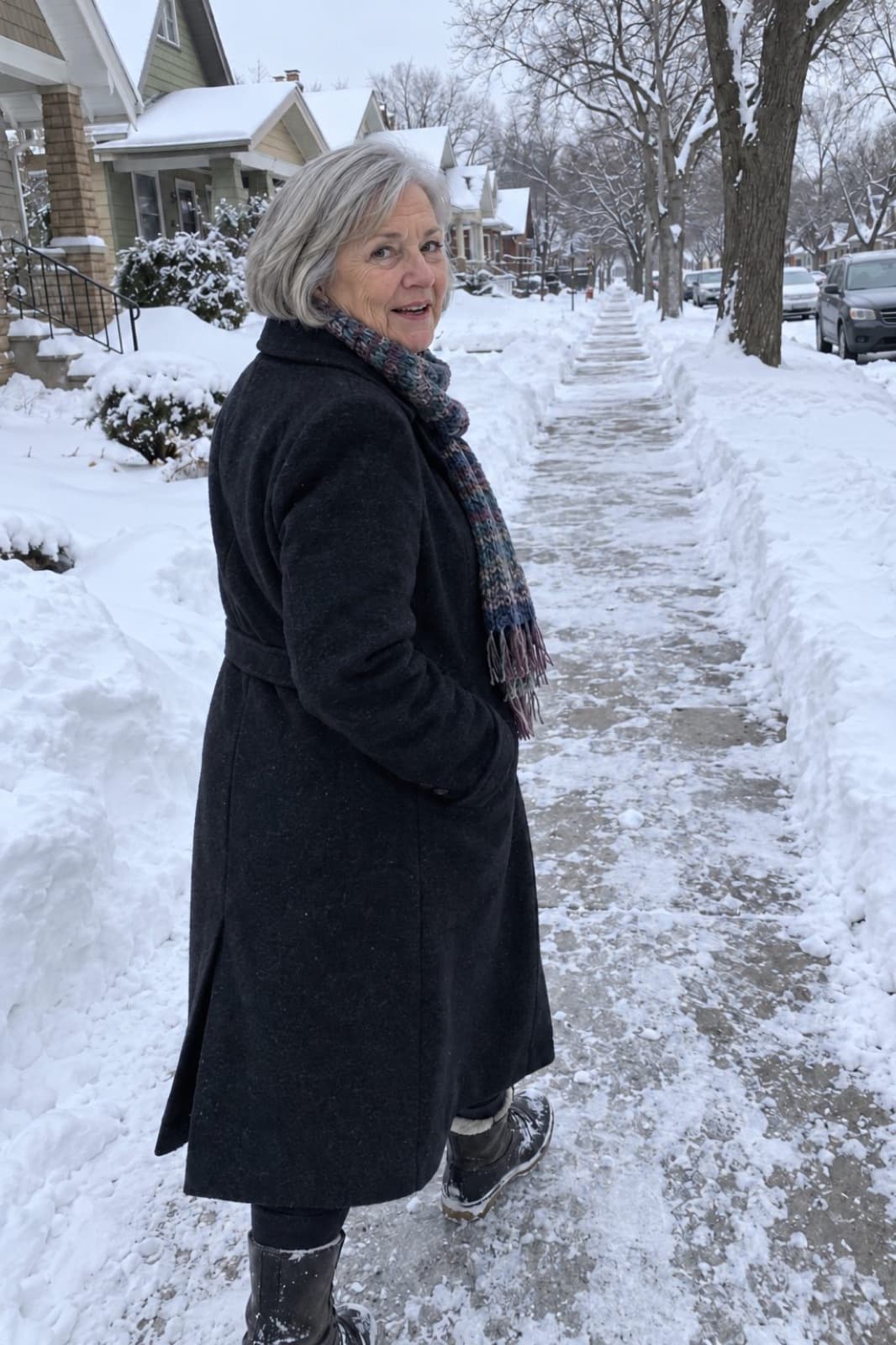 Carol turning back to smile on a snowy Minneapolis street