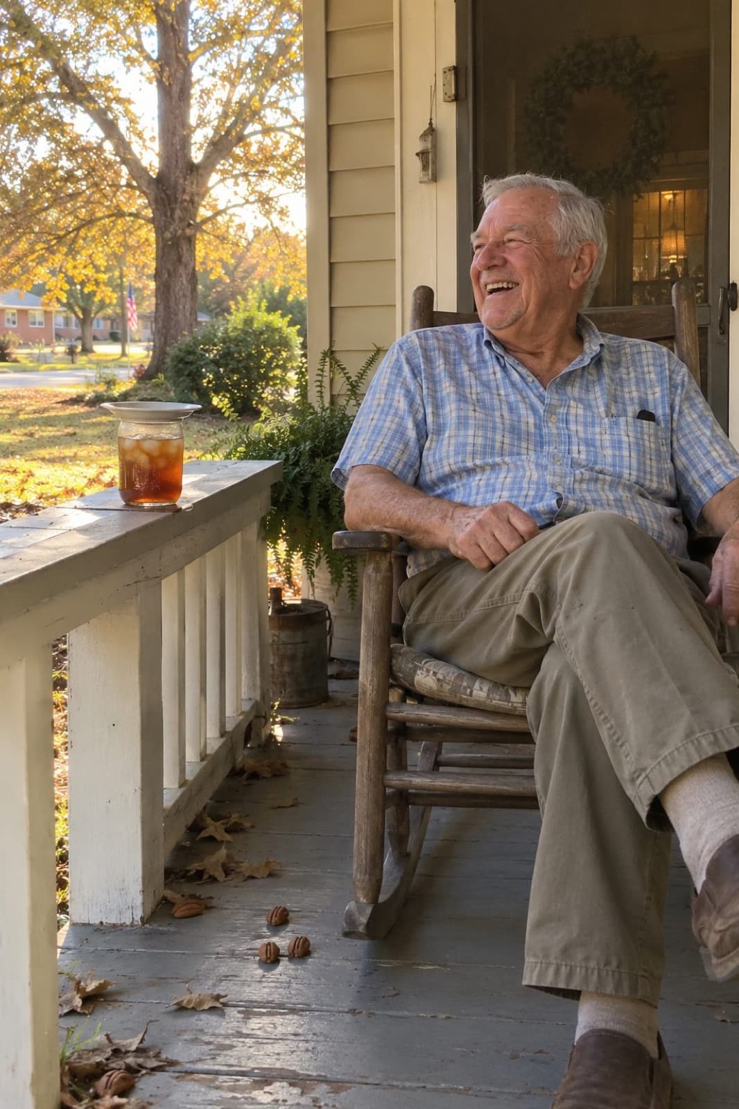 Ray laughing on his front porch, a glass of iced tea on the rail
